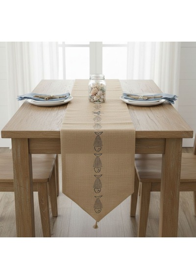 Dyris 200x50 Cm Jüt Runner Balık Desenli Doğal Hasır Masa Örtüsü Rustik & Bohem Dekoratif Runner Acı Kahverengi