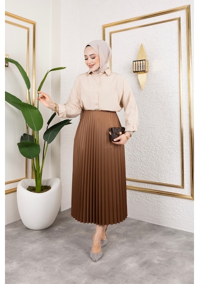 Hira Life Fashion Kadın Tesettür Giyim Ve Deri Görünümlü Beli Lastik Detayı İle Piliseli Uzun Etek Kahverengi Kahverengi Hira Life Fashion Kadın Tesettür Giyim Ve Deri Görünümlü Beli Lastik Detayı İle Piliseli Uzun Etek Kahverengi Kahverengi