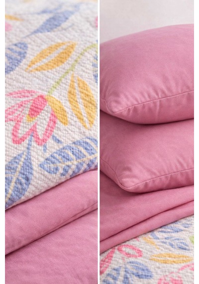 Faralya Life Baskılı Çift Kişilik Pike Takımı 200x220 Cm Pike 240x260 Çarşaf 2 Adet 50x70 Yastık Kılıfı %100 Pamuk Yumuşak Dokulu Yatak Örtüsü Seti Pembe