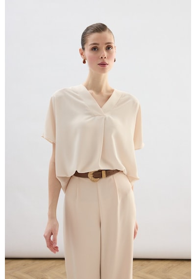 Sateen Geniş Kısa Kollu Bluz - Bej-136759 Bej