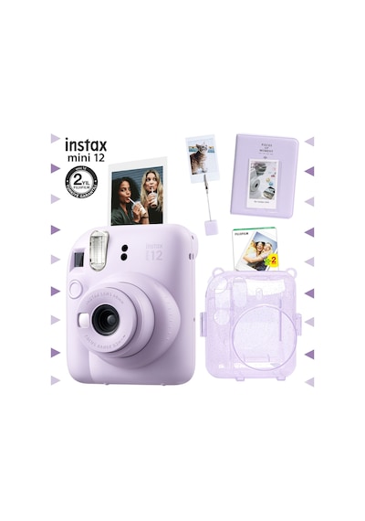 Fujifilm Instax Mini 12 Fotoğraf Makinesi + 20'li Film + Kıskaçlı Stand + Pvc Albüm + Simli Pleksi Kılıf Seti Lila
