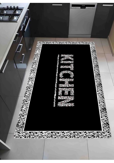 Siyah Renk Kitchen Mutfak Halısı Dekoratif Kilim Siyah