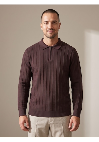 Maccali Erkek Koyu Kahve Fitil Detaylı Fermuarlı Polo Yaka Triko Sweatshirt