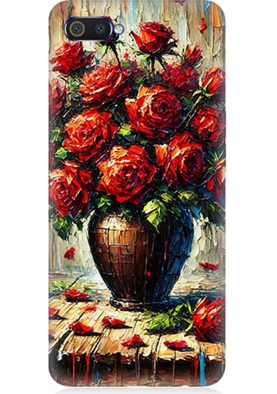 Realme C2 Uyumlu Kırmızı Vazoda Gül Ziyafeti Desenli Silikon Kılıf Çok Renkli