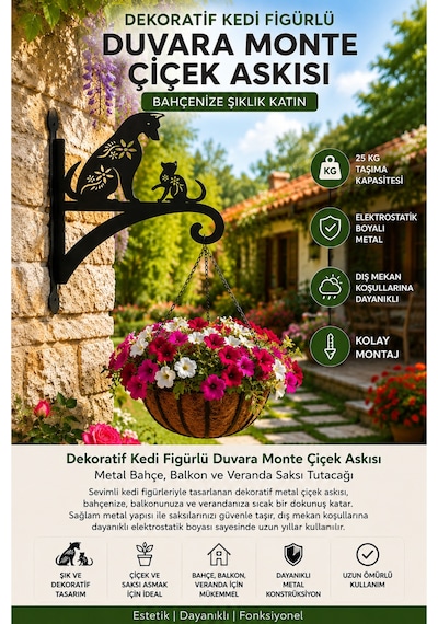 Dekoratif Kedi Figürlü Metal Duvara Monte Çiçek Askısı Lazer Kesim Saksı Askılığı Bahçe, Balkon Ve Veranda Dekoru Siyah
