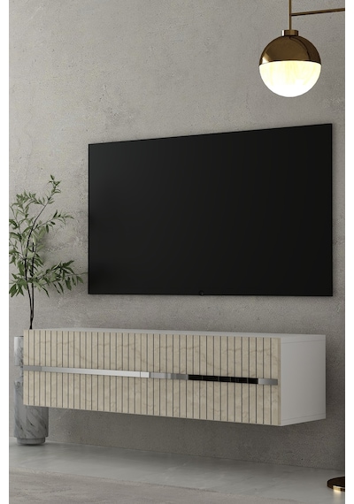 120dhdtda5btg Tedy Lazer Pleksi Desenli Duvara Monte Tv Sehpası Beyaz-traverten-gümüş