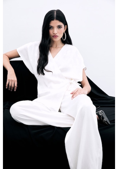 Sateen Bağlamalı Jakarlı Saten Bluz - Ekru-136026 Ekru