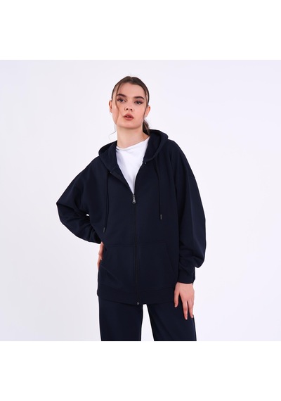 MMetalic Lacivert Kanguru Cepli Kapüşonlu Fermuarlı Oversize Kadın Sweatshirt Lacivert