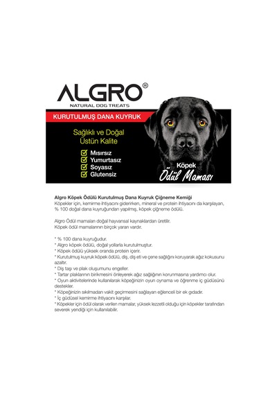 Algro Kurutulmuş Dana Kuyruk Çiğneme Kemiği Köpek Ödülü 120 G