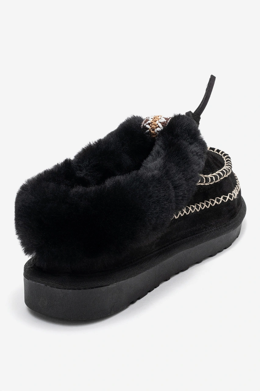 Luvishoes Luvi Shoes Norıel Siyah Süet Hakiki Deri Dikişli Kürklü Kadın Makosen Terlik Siyah