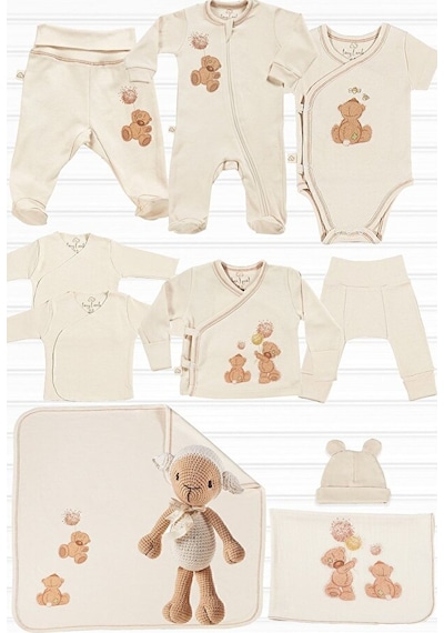 Tinylamb Fluffy Bear Oyuncaklı Organik Yenidoğan Hastane Çıkış Seti - 11 Parça Krem