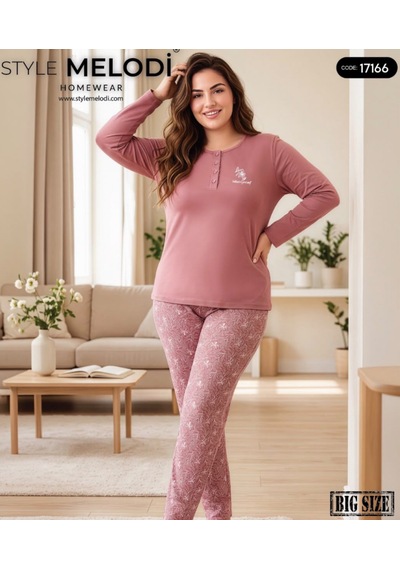 Melodi 17166 Uzun Kol %100 Pamuk Battal Büyük Beden Kadın Pijama Takımı GÜL KURUSU