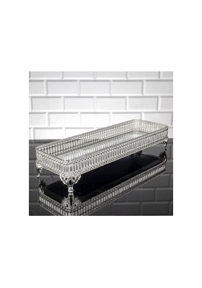 Aynalı Tepsi Dekoratif Sunum Tepsisi Uzun İnci Desenli Metal Gümüş 30 X 14 Cm