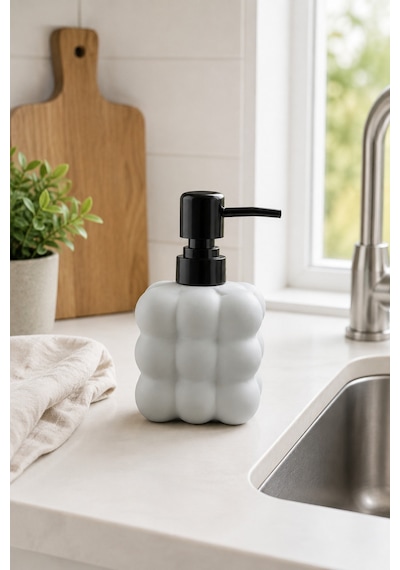 Modern Bubble Sıvı Sabunluk 400 Ml Siyah Pompalı Kabarcık Desenli Banyo Ve Mutfak Tezgâh Üstü Dispenser - 15 Cm X 9 Cm X 6,5 Cm Gri