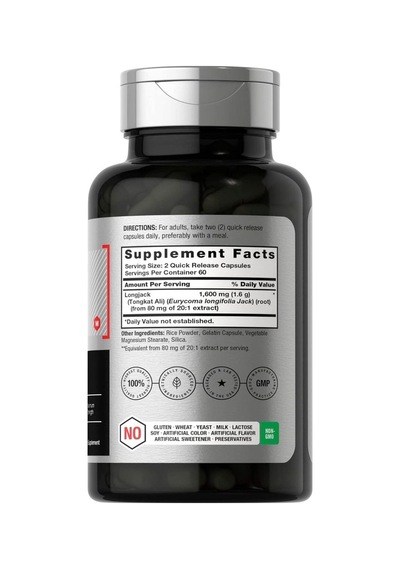 Longjack Tongkat Ali 1600mg 120 Kapsül Maksimum Güç Gdo'suz Ve Glutensiz.usa Vers.