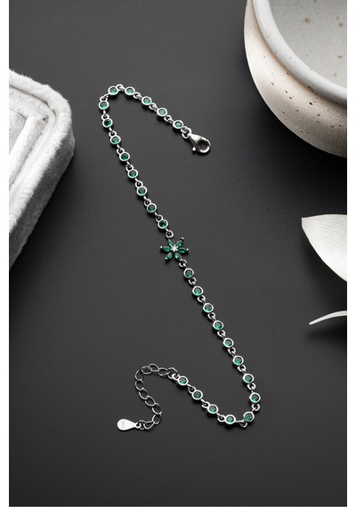 Çekirdekjewelry 925 Ayar Gümüş Yeşil Taşlı Lotus Bileklik Gri