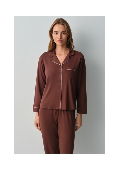 Suwen Misty Gömlek Yaka Pijama Takımı Wsh10510059070 Kahverengi