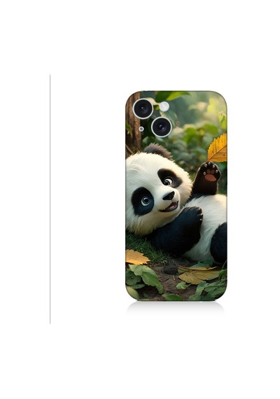 Apple Uyumlu iPhone 15 Panda Ve Yaprak Desenli Silikon Kılıf Silikon