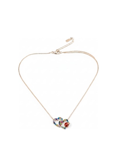 925 Ayar Papatya Silver Mix Taşlı Çift Kalp Uğur Böceği Kolye.rose.gold.rodaj Gümüş