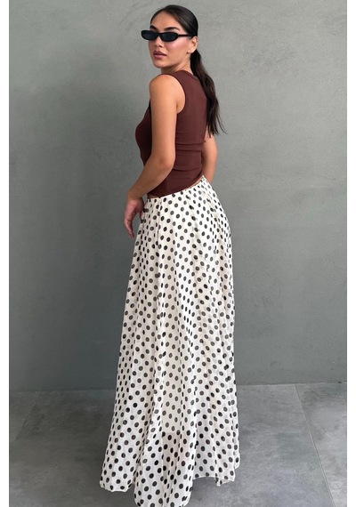 Madmext Bej Puantiye Desenli Vintage Şifon Maxi Etek Mg2776