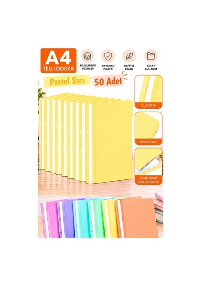 Telli Dosya Pastel Sarı A4 50 Adet Ekonomik Kaliteli Plastik Telli Dosya Evrak Sunum Dosyası Renkli Ofis Büro Okul