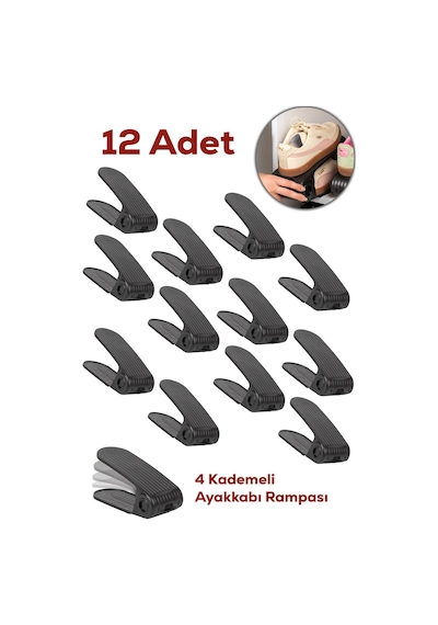 Porsima 5302 12li Ayakkabı Rampası Ayakkabı Düzenleyici Dolap İçi Organizer- Siyah Siyah