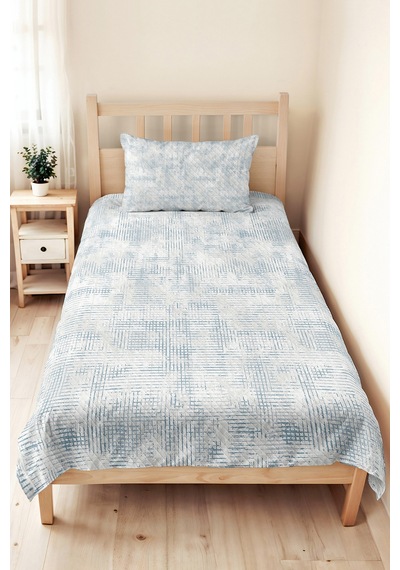 Mavi Geometrik Modern Tek Kişilik Pike Takımı - Beyaz Minimal Çizgili 160x220 Cm Yatak Örtüsü Lavantaımsı Kabuğu Demi