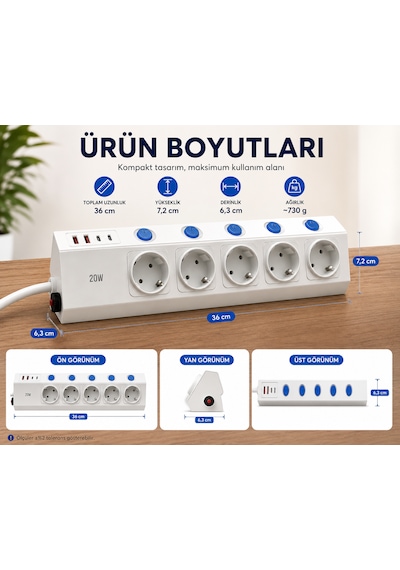5'li Akım Korumalı Çoklu Priz 2 Metre Kablolu 3680w 16a 5 Bağımsız Anahtarlı 2 Usb-a 2 Usb-c Pd 20w Hızlı Şarj Destekli 2 m