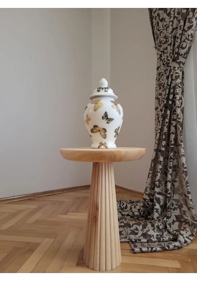 Wood Wooden Fitilli Tekli Mantar Yan Sehpa Modern Çiçeklik Ahşap