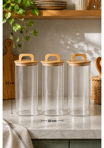 Aria- 3'lü Borosilikat Bambu Kapaklı Kavanoz 1300 Ml Düz Şeffaf
