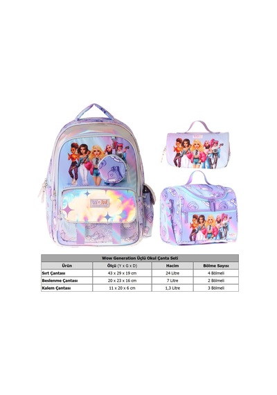 Wow Generation Üçlü İlkokul Okul Çanta Seti - Lila - Very Nice Baskılı - Kız Çocuk - Setwg-w6080a