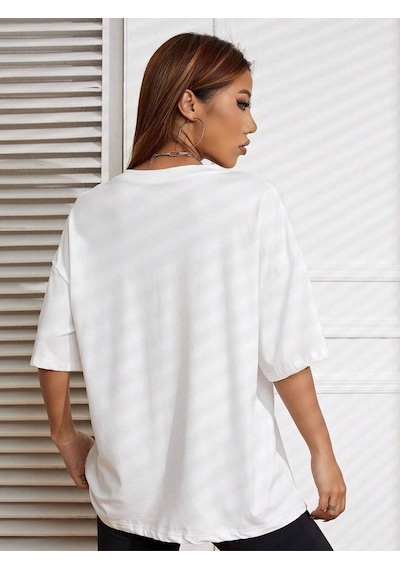 Malibu T-shirt - Beyaz Baskılı Oversize Bisiklet Yaka Kısa Kol Tişört Beyaz
