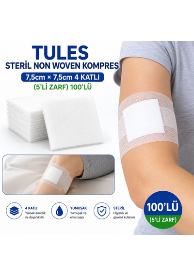 Tules Steril Nonwoven Kompres 7,5 7,5cm 4 Katlı 5'li Zarf 100'lü 10 Adet