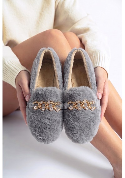 Nmoda Kadın Peluş Panduf Gold Zincir Taşlı Aksesuarlı Kapalı Loafer Yumuşak Tabanlı Kışlık Rahat Babet Gri