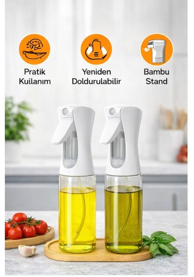 2'li Bambu Altlıklı Sprey Cam Yağdanlık - Airfryer Yağlık Fritöz Yağ Püskürtücü Beyaz 300 Ml Şeffaf