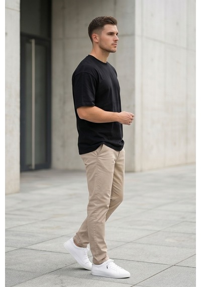 Erkek Siyah Oversize Tişört Bisiklet Yaka Basic Rahat Kalıp Günlük T-shirt