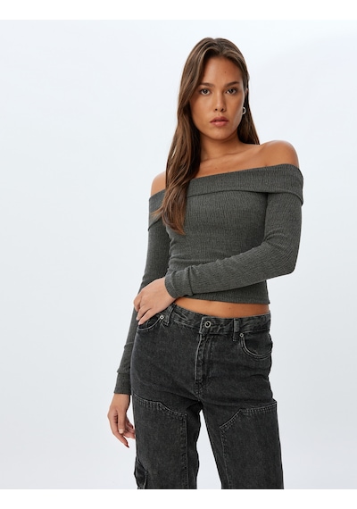 Koton Madonna Yaka Tişört Uzun Kollu Slim Fit Antrasit 5wak50072ek Antrasit