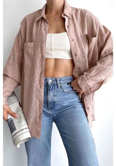 Femelle Kadın Çift Cepli Düşük Omuz Oversize Boyfriend Salaş Kalıp Keten Basic Gömlek kahverengi Femelle Kadın Çift Cepli Düşük Omuz Oversize Boyfriend Salaş Kalıp Keten Basic Gömlek kahverengi