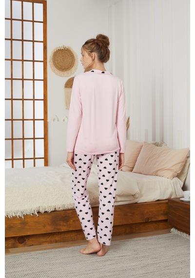 Siyah İnci Gömlek Yaka Düğmeli Milan Örme Pijama Takım25224009 Pembe