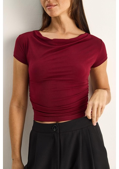 Shade Kadın Degaje Yaka Drapeli Crop Bluz 2343 60286200 - Bordo