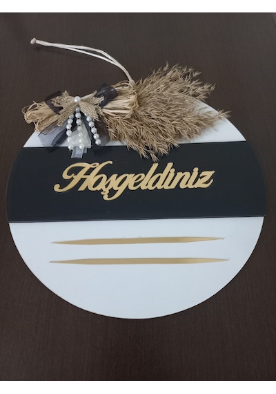 Hoşgeldiniz Yazılı Aynalı Pleksi Ahşap Kapı Süsü Beyaz Siyah Beyaz