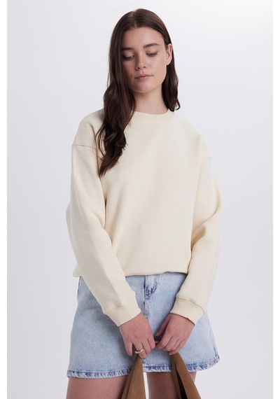Tudors Kadın Oversize Geniş Kesim Pamuklu Bisiklet Yaka Taş Sweatshirt-39931 Taş