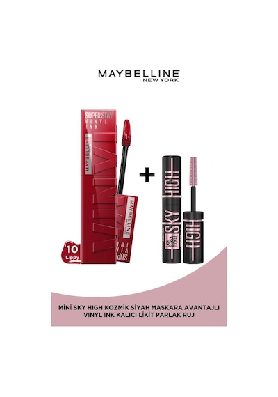 Maybelline New York Super Stay Vinyl Ink Uzun Süre Kalıcı Likit Parlak Ruj 10 Lippy & Mini Sky High Cosmic Black Maskara pktssvnl35crlbnc-9346 10 Lippy