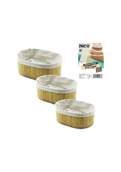 İbico İ12-068 Oval Bambu Kenar Organizer Sepet Seti 3 Boy Ahşap Altlık Bezli