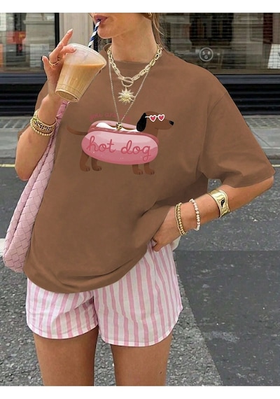 Flood Of Style Kadın Kahverengi Hot Dog Baskılı Oversize