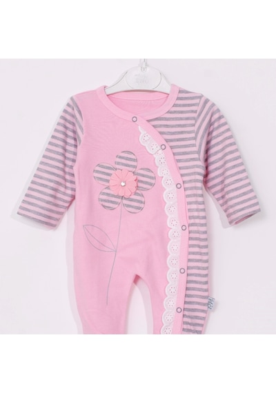 Candar 3-9 Ay Kız Bebek Tulumu Çiçek Nakışlı Ayaklı Pembe Pembe