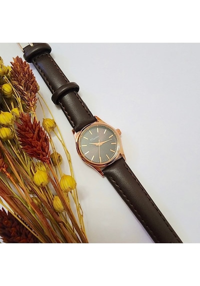 Retro Kadın Kol Saati, Vintage Minimal, Rose Gold Renk, Çizgili Kadran, Koyukahverengi Kordon Rose Gold Kahverengi Kordon Altın