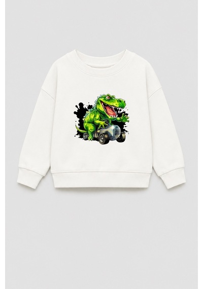 Monila Erkek Çocuk 3 İplik Kumaş Dinozor Baskılı Pamuklu Sweatshirt Ekru