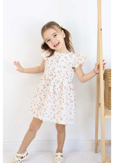 Esila Kids Kız Çocuk Elbise Bayramlık Elbise Çiçek Desenli Fiyonk Detaylı Büzgülü Kollu 3-6 Yaş Somon