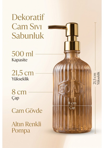 Glassy Dekoratif Cam Sabunluk Gold Pompalı Vintage Çizgili Sıvı Sabun Ve Deterjan Dispenseri - 21.5 Cm X 8 Cm - Turuncu